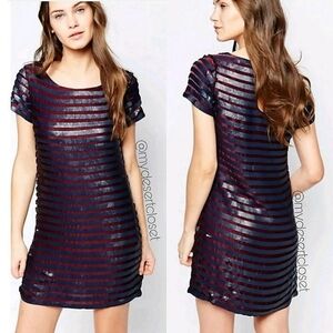 French Connection Satellite Brights Sequin Striped Nightout Cocktail Mini Dress